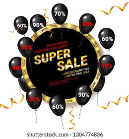 Black balloons Super sale. Logo banner, web, flyer, header design. Golden round frame. Vector illustration