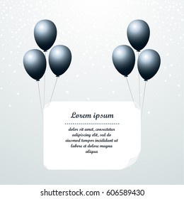 Black balloons Vector illustration Six black balloons are lifting a white sheet with space for inscription Template for greeting card in realistic style