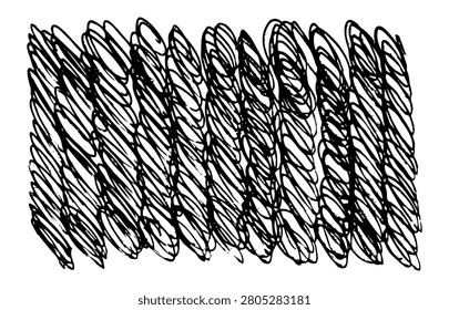 Black ballpen hatch background, hand drawn hatching textured pattern, curly doodle wallpaper. Pen doodle pattern, sketch line texture, handdrawn scrawl bg, vector illustration