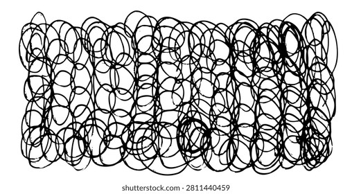 Black ballpen hatch background, hand drawn hatching textured pattern, curly doodle wallpaper. Pen doodle pattern, sketch line texture, handdrawn scrawl bg, vector illustration
