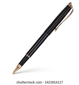 Black ballpoint pen with a cap writes on the surface. Vector illustration isolated on white background.