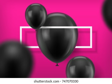 Black balls on pink background. Set of black realistic balloons, two in focus, the rest blurred and a pink frame. Vector illustration isolated on white background