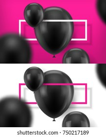 Black baloons vector. Two banners with black realistic balloons, in focus and blurred with frame. Vector illustration.