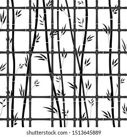 Black bamboo lattice pattern with bamboo stems and leaves. Vector illustration of a closed bamboo forest. Natural background - bamboo lattice window.