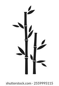 Black Bamboo stems and leaves symbol. Logo. Silhouettes of Japanese decorative Natural branches. Vector plant isolated on transparent background