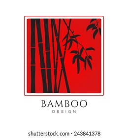 Black Bamboo tree silhouettes on Red background vector icon. Business sign template for modern design, beauty boutique, yoga, spa, cosmetics labeling, botanical garden, art gallery. Sample text
