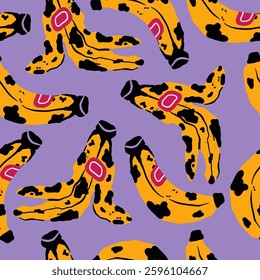 Black Banana, old rotten banana peel. Hand drawn modern Vector illustration. Square seamless Pattern, background, wallpaper. Various trash, garbage, rubbish, litter concept