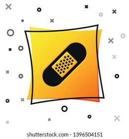 Black Bandage plaster icon isolated on white background. Medical plaster, adhesive bandage, flexible fabric bandage. Yellow square button. Vector Illustration
