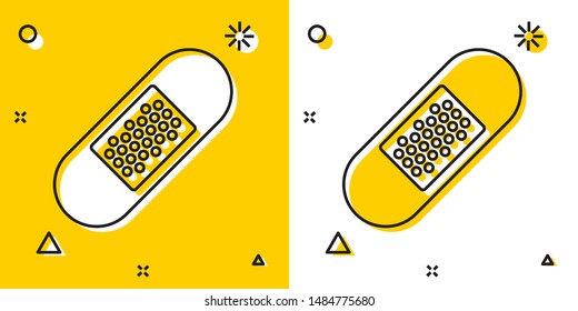 Black Bandage plaster icon isolated on yellow and white background. Medical plaster, adhesive bandage, flexible fabric bandage. Random dynamic shapes. Vector Illustration