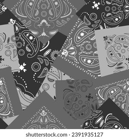 Black bandana kerchief paisley fabric patchwork abstract vector seamless pattern.