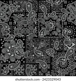 Black bandana kerchief paisley fabric patchwork abstract vector seamless pattern for scarf kerchief shirt fabric carpet rug tablecloth pillow