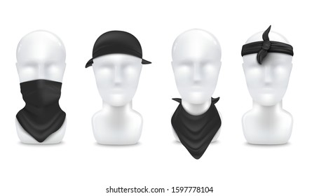 Black bandana on mannequin in various ways to wear - on neck and head set, realistic vector illustration mockup isolated on white background. Fashion clothing template.