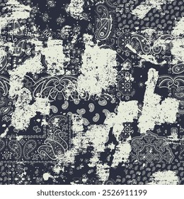 Black bandana paisley fabric patchwork wallpaper abstract vector seamless pattern for scarf kerchief shirt fabric carpet rug tablecloth pillow grunge  effect in separate layer
