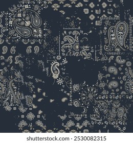 Preto bandana paisley tecido patchwork papel de parede vetor abstrato padrão sem costura para lenço querchief camisa tecido tapete toalha de mesa travesseiro grunge efeito em camada separada