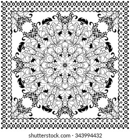 Black Bandana Print design. Fabric pattern for silk scarf. Border vector ornaments.