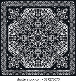 Black Bandana Print with Mandala ornament, silk neck scarf or kerchief square pattern design style for print on fabric, vector illustration.