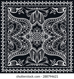 Black Bandana Print, silk neck scarf or kerchief square pattern design style for print on fabric, black and white geometric background, vector illustration.