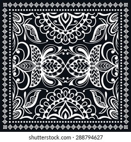 Black Bandana Print, silk neck scarf or kerchief square pattern design style for print on fabric, black and white geometric background, vector illustration.