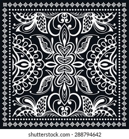 Black Bandana Print, silk neck scarf or kerchief square pattern design style for print on fabric, black and white geometric background, vector illustration.