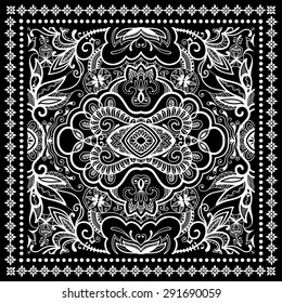 Black Bandana Print, silk neck scarf or kerchief square pattern design style for print on fabric, vector illustration.