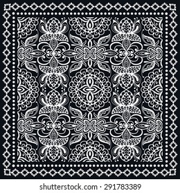 Black Bandana Print, silk neck scarf or kerchief square pattern design style for print on fabric, vector illustration.