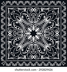 Black Bandana Print, silk neck scarf or kerchief square pattern design style for print on fabric, vector illustration.