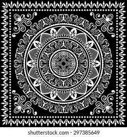 Black Bandana Print, silk neck scarf or kerchief square pattern design style for print on fabric, Mandala vector illustration.