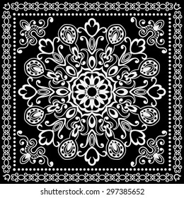 Black Bandana Print, silk neck scarf or kerchief square pattern design style for print on fabric, Mandala vector illustration.