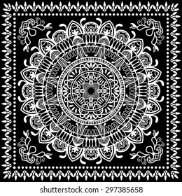 Black Bandana Print, silk neck scarf or kerchief square pattern design style for print on fabric, Mandala vector illustration.