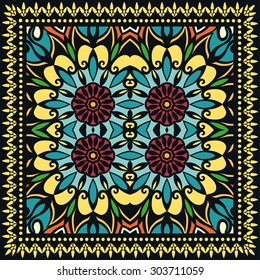 Black Bandana Print, silk neck scarf or kerchief square pattern with frame border design for print on fabric, colorful geometric design, vector illustration