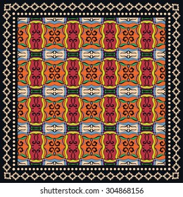 Black Bandana Print, silk neck scarf or kerchief square pattern with frame border design for print on fabric, colorful geometric design, vector illustration