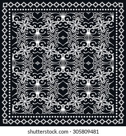 Black Bandana Print, silk neck scarf or kerchief square pattern with frame border design for print on fabric, geometric design, vector illustration