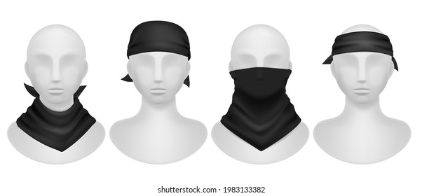 Black bandana. Realistic mannequins mockup with different style dark kerchief, wearing options buffs, scarves and neck clothes. Modern accessory for head and hair template vector isolated set