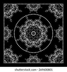 Black Bandana Square Print with Flowers Ornament and Ethnic Style Elements on the Black. Silk Neck Scarf or Kerchief Pattern Design for T-Shirts on Fabric, Vector Illustration.