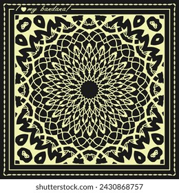 Black bandana with a white mandala and a figured edging with the inscription - I love my bandana. Version No. 9. Vector illustration