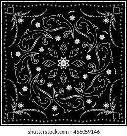 Black bandana with white ornament. Square pattern for print on fabric, vector illustration.