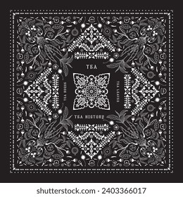 Black Bandanna Print, paisley seamless pattern. pattern, Tea, flowers, tea leaves, Teapot, decorative geometric line ornament. Black and white pattern