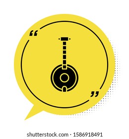 Black Banjo icon isolated on white background. Musical instrument. Yellow speech bubble symbol. Vector Illustration
