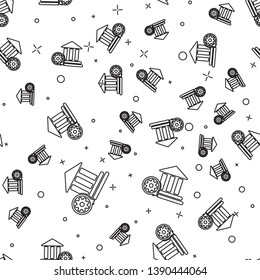 Black Bank building and gear icon isolated seamless pattern on white background. Adjusting app, service concept, setting options, maintenance, repair, fixing. Vector Illustration