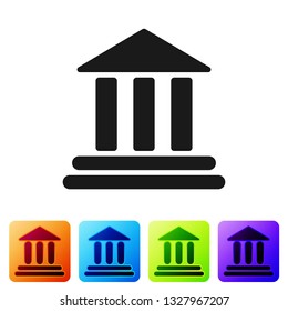 Black Bank building icon isolated on white background. Set icon in color square buttons. Vector Illustration