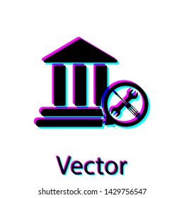 Black Bank building with screwdriver and wrench icon isolated on white background.  