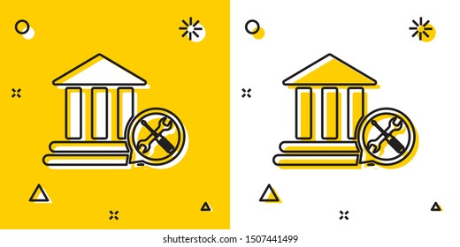 Black Bank building with screwdriver and wrench icon isolated on yellow and white background. Adjusting, service, setting, maintenance, repair, fixing. Random dynamic shapes. Vector Illustration