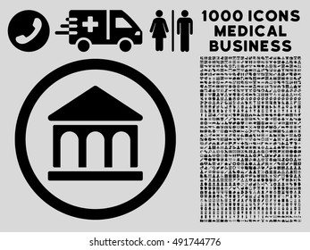 Black Bank Building vector rounded icon. Image style is a flat icon symbol inside a circle, light gray background. Bonus set is 1000 healthcare business symbols.