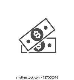 Black  bank notes with dollar sign. Flat icon isolated on white. Money pictogram. Dollar and cash, coin, currency, bank symbol.  Bank paper vector illustration.