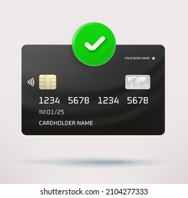 Black banking card icon with checkmark. 3d vector icon