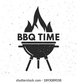 Black banner. BBQ time with fire. Barbecue grill textured badge logo isolated on  vintage background. Simple flat design. Vector illustration.