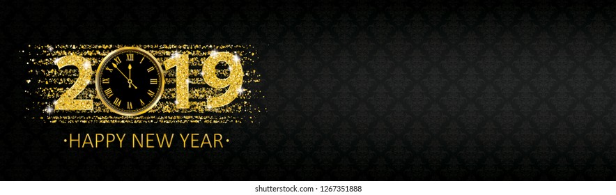 Black banner with clock and text Happy New Year. Eps 10 vector file.