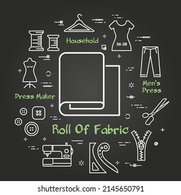 Black banner with contour sewing icons, fabrics and accessories for seamstress, vector illustration.