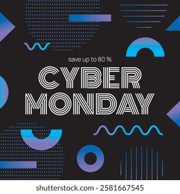 Black banner with Cyber Monday promotion with a gradient of geometric shapes. Memphis style gradient background of blue geometric shapes with text field