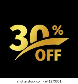 Black banner discount purchase 30 percent sale vector gold logo on a black background. Promotional business offer for buyers logotype. Thirty percentage off, discounts in the strict style coupon